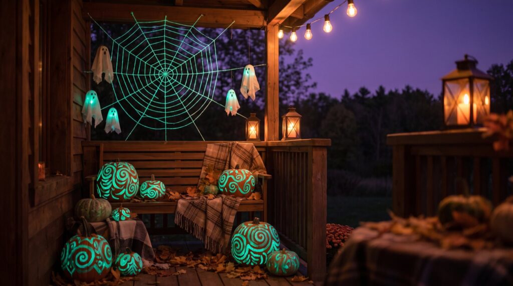 Halloween-Veranda bei Nacht mit leuchtend bemalten Kürbissen und Spinnennetz