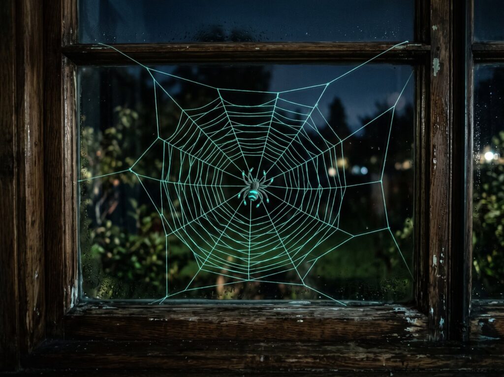 Leuchtendes Spinnennetz im Fensterrahmen bei Nacht